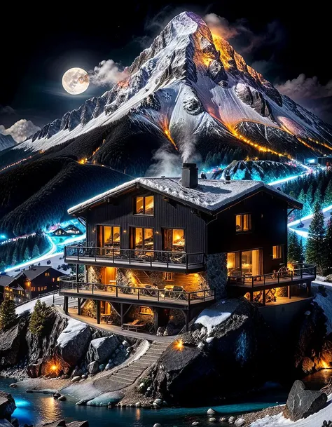 asymmetrical, extreme closeup, solid black background, (riverside:1.2) (miniature modern alpine ski lodge:1.4), vibrant colors, 8k hdr, high quality, extremely detailed, hyperrealistic, steam smoke, moonlit, volcano,