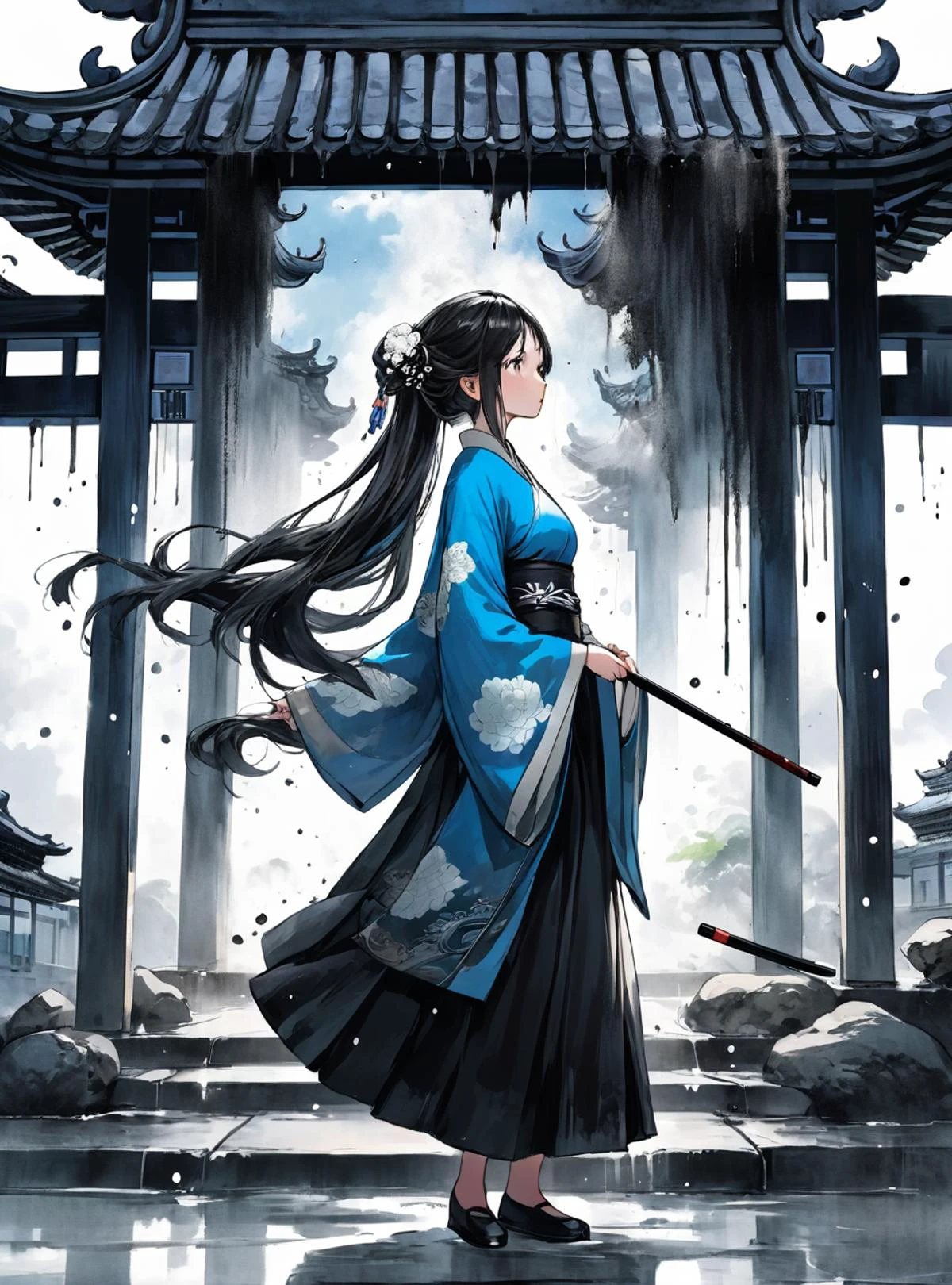 dramatic angle,(fluttered detailed ink splashs), (illustration),(((1 girl))),(long hair),(rain:0.6),(expressionless ,hair ornament:1.4),there is an ancient palace beside the girl,chinese clothes,(focus on), color Ink wash painting,(ink splashing),color splashing,((colorful)),[sketch], Masterpiece,best quality, beautifully painted,highly detailed,(denoising:0.7),[splash ink],yin yang