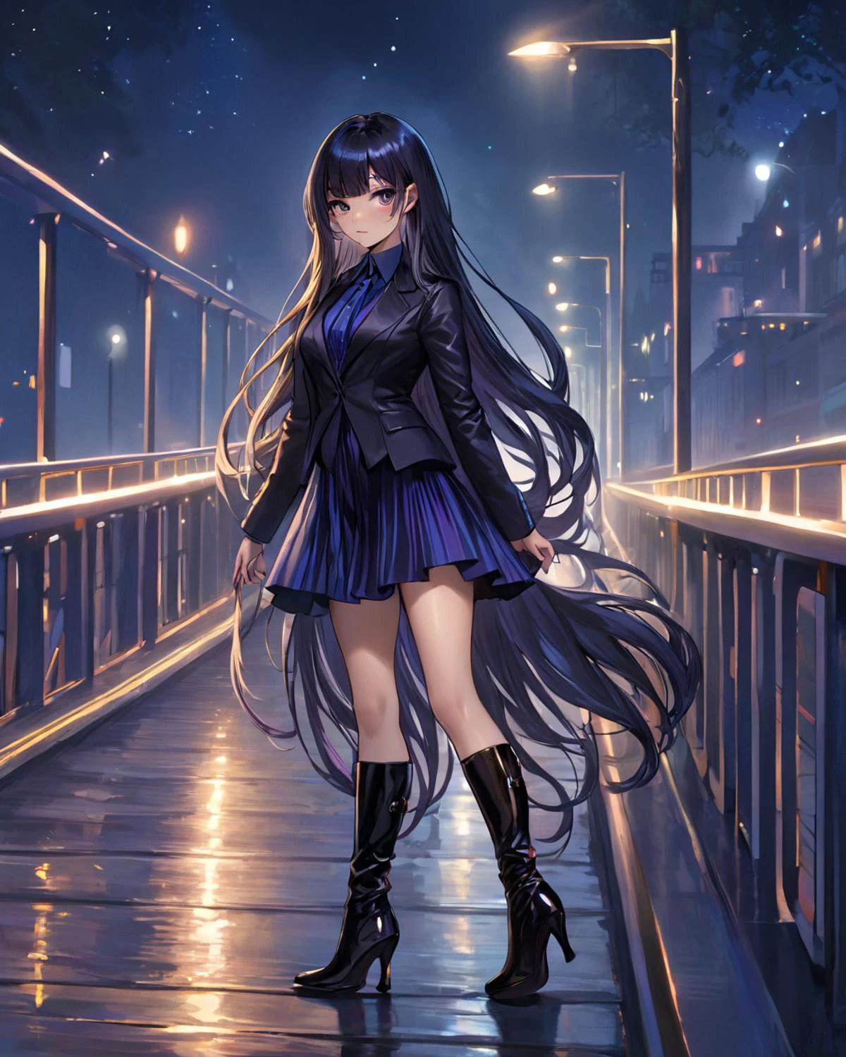 1girl, streaked hair, very long hair, bangs, stylish anna miller anklet high heel boots, fantasy bridge midnight,
