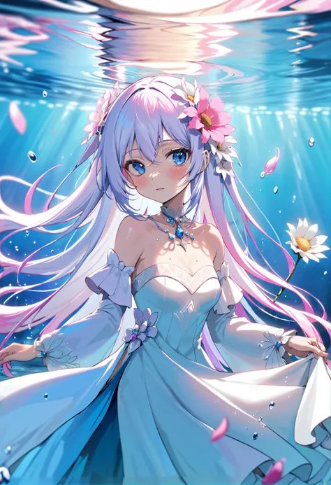 masterpiece, best quality, 1girl, solo, looking at viewer, (blue theme, water:1.2), partially submerged, portrait, white dress,large breasts, pink flower, long hair,(pastel white hair:1.2), colored inner hair, two-tone hair, gradient hair,(pastel pink hair:0.8), hair ornament, holding, holding flower, long sleeves, blue eyes, petals, ripples, very long hair, petals on liquid, puffy sleeves, bangs, hand up, pixiv, depth of field, cinematic composition, best lighting