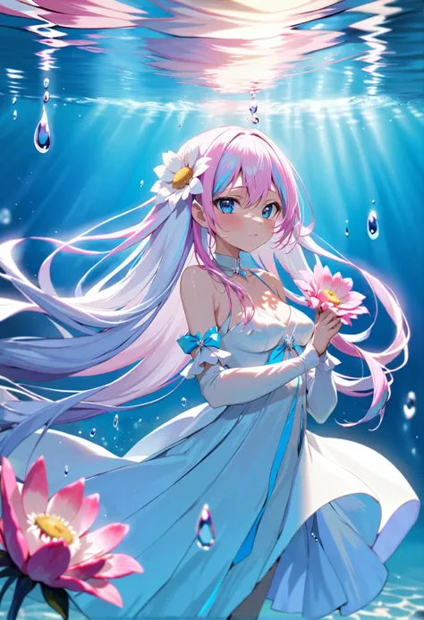 masterpiece, best quality, 1girl, solo, looking at viewer, (blue theme, water:1.2), partially submerged, portrait, white dress,large breasts, pink flower, long hair,(pastel white hair:1.2), colored inner hair, two-tone hair, gradient hair,(pastel pink hair:0.8), hair ornament, holding, holding flower, long sleeves, blue eyes, petals, ripples, very long hair, petals on liquid, puffy sleeves, bangs, hand up, pixiv, depth of field, cinematic composition, best lighting