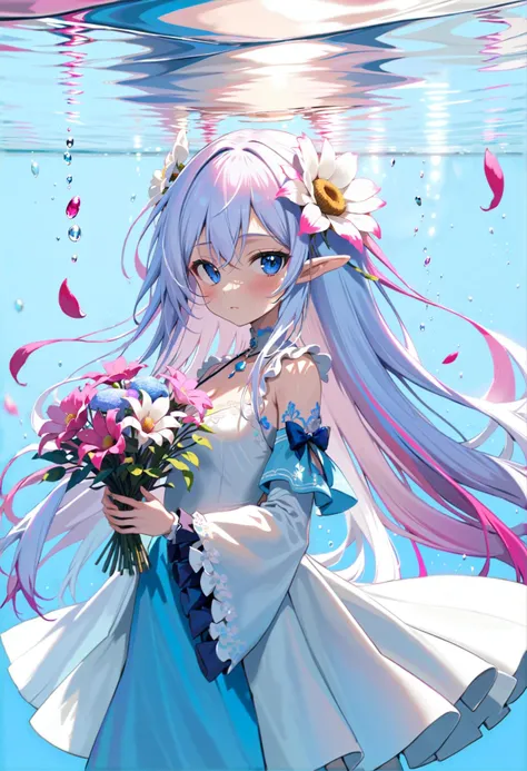 masterpiece, best quality, 1girl, solo, looking at viewer, (blue theme, water:1.2), partially submerged, portrait, white dress,large breasts, pink flower, long hair,(pastel white hair:1.2), colored inner hair, two-tone hair, gradient hair,(pastel pink hair:0.8), hair ornament, holding, holding flower, long sleeves, blue eyes, petals, ripples, very long hair, petals on liquid, puffy sleeves, bangs, hand up, pixiv, depth of field, cinematic composition, best lighting