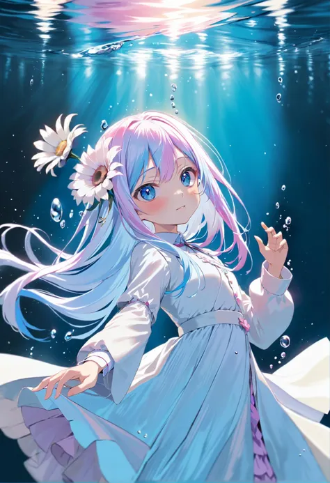 masterpiece, best quality, 1girl, solo, looking at viewer, (blue theme, water:1.2), partially submerged, portrait, white dress, pink flower, long hair,(pastel white hair:1.2), colored inner hair, two-tone hair, gradient hair,(pastel pink hair:0.8), hair ornament, holding, holding flower, long sleeves, blue eyes, petals, ripples, very long hair, petals on liquid, puffy sleeves, bangs, hand up, pixiv, depth of field, cinematic composition, best lighting