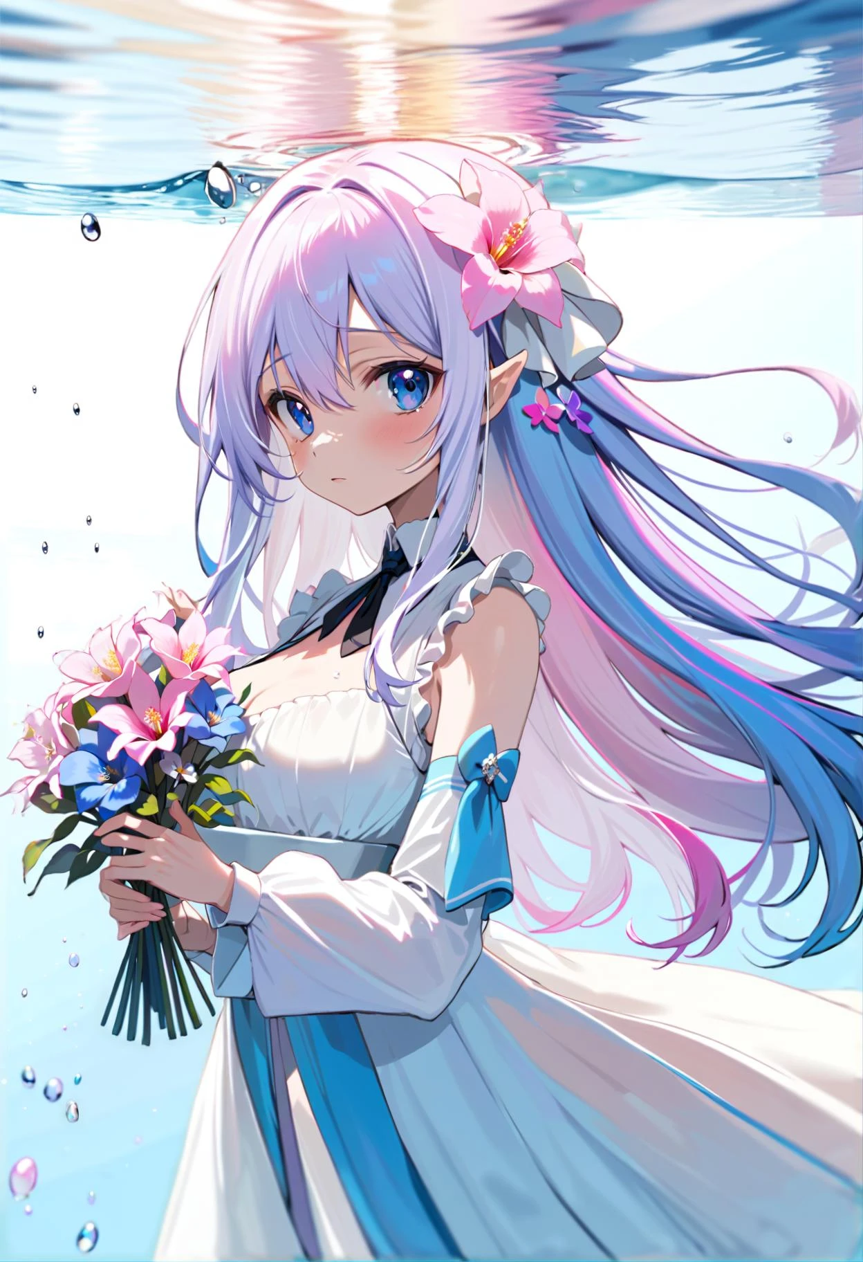 masterpiece, best quality, 1girl, solo, looking at viewer, (blue theme, water:1.2), partially submerged, portrait, white dress,large breasts, pink flower, long hair,(pastel white hair:1.2), colored inner hair, two-tone hair, gradient hair,(pastel pink hair:0.8), hair ornament, holding, holding flower, long sleeves, blue eyes, petals, ripples, very long hair, petals on liquid, puffy sleeves, bangs, hand up, pixiv, depth of field, cinematic composition, best lighting