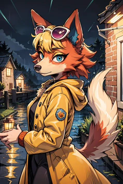 <lora:audie-v1-768:1> audie, sunglasses, wolf girl, orange body/fur, wolf ears, blonde hair, short hair, yellow eyeshadow, ((snout)), wolf tail, ((furry)), yellow rain coat, outdoors, night, raining, small village,