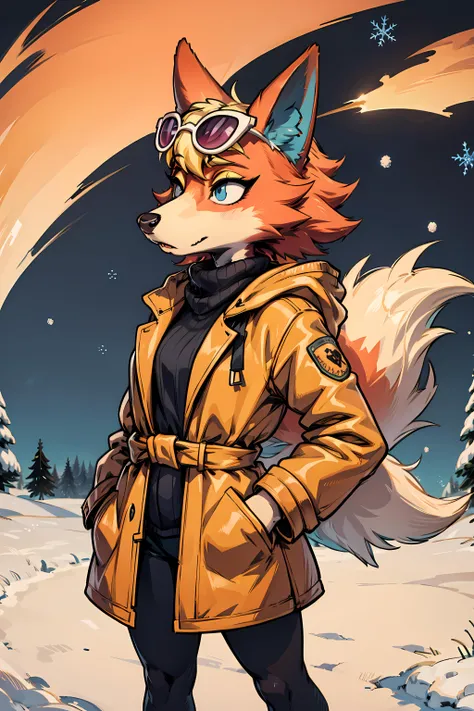 <lora:audie-v1-768:1> audie, sunglasses, wolf girl, orange body/fur, wolf ears, blonde hair, short hair, yellow eyeshadow, ((snout)), wolf tail, ((furry)),winter coat, snow angels, snow, winter,