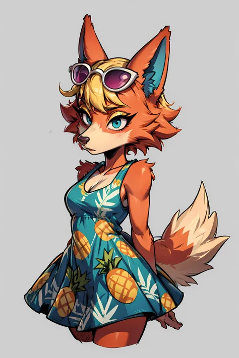 <lora:audie-v1-768:1> audie, sunglasses, pineapple dress, flower dress, wolf girl, orange body/fur, wolf ears, blonde hair, short hair, yellow eyeshadow, snout, wolf tail,