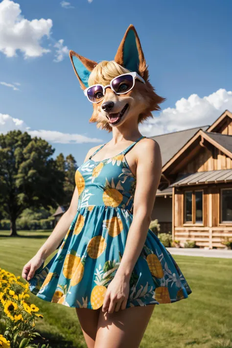 (Milana Vayntrub, age 30, brightly colored hair, translucent summer dress) is playing with her Shiba Inu at the park.