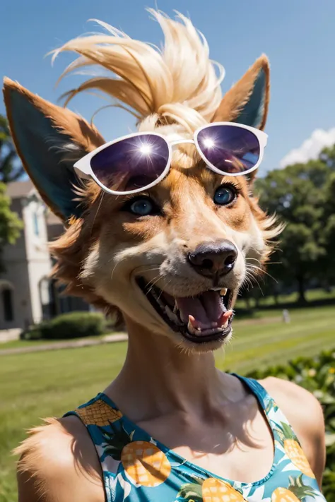 audie, furry female, blue eyes, anthro, wolf girl, sunglasses, pineapple dress,  looking at viewer, smiling, close up, outside, field, blue sky, high quality, masterpiece, <lora:audie-v1-768:.8>
