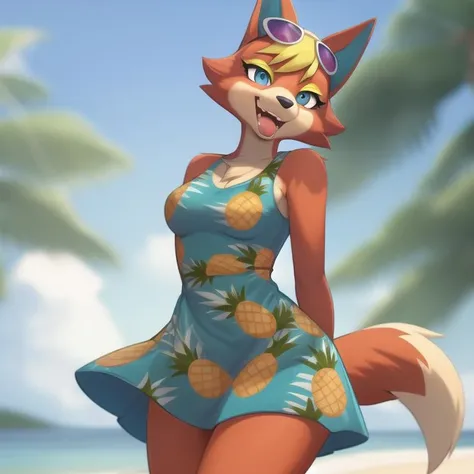 (best quality, masterpiece:1), furry female anthro audie wolf girl, solo, standing, sunglasses, pineapple dress, hands behind back, wolf tail, medium breasts, smile, open mouth, looking at viewer, (village beach background:1.0), <lora:audie-v1-768:1>
