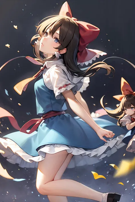 masterpiece, best quality, <lora:reimu:0.8>, <lora:alice:0.8>,brown hair, hair bow,long hair,hair tubes,blue dress,shanghai doll,