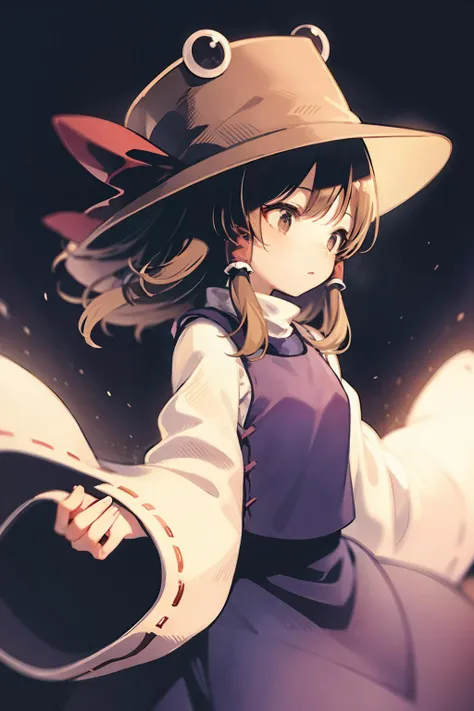 masterpiece, best quality, <lora:reimu:0.8>, <lora:suwako:0.8>,brown hair,long hair,hair tubes,hair bow,hat,purple dress,wide sleeves,