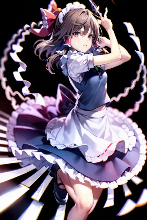 masterpiece, best quality, <lora:reimu:0.8>, <lora:sakuya:0.8>,brown hair,long hair,hair tubes,hair bow,red bow,maid apron, maid dress,knife