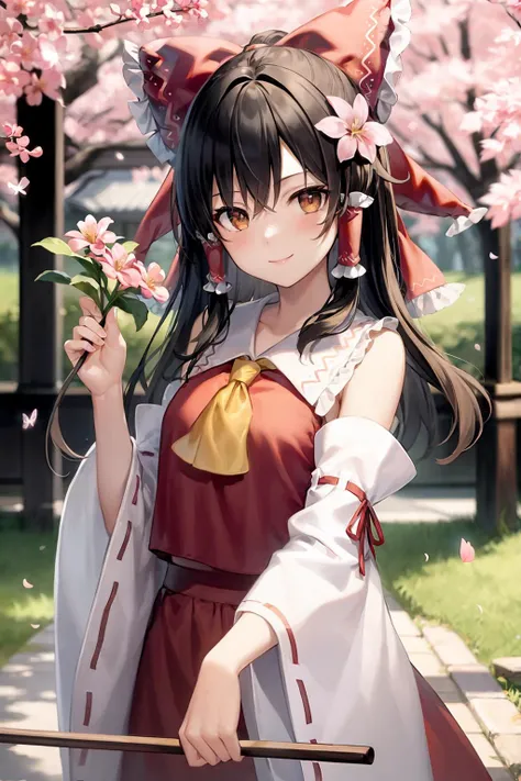 masterpiece, best quality, <lora:reimu:1>,1girl, solo, hakurei reimu, long hair, detached sleeves, bow, bug, hair bow, cherry blossoms, butterfly, hair ornament, brown hair, ball, flower, brown eyes, hair tubes, hair flower, embellished costume, very long hair, dress, wide sleeves, ribbon, bare shoulders, red bow, branch, ascot, black hair, bell, tree, red dress, blush, long sleeves, smile, holding, hair ribbon, adapted costume, petals