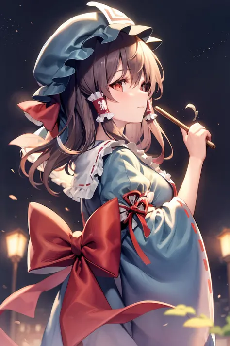 masterpiece, best quality, <lora:reimu:0.8>, <lora:yuyuko:0.8>,brown hair,long hair,hair tubes,hair bow,red bow,mob cap, japanese clothes,