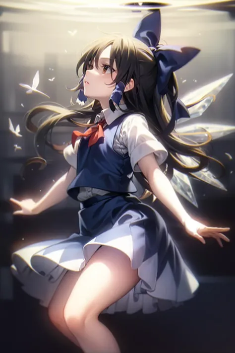 masterpiece, best quality, <lora:reimu:0.8>, <lora:cirno:0.8>,brown hair, blue bow,long hair,hair tubes,vest,blue skirt,short skirt,wings