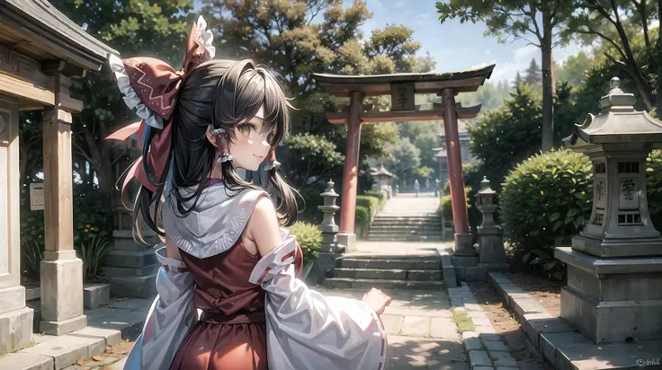 (masterpiece:1,2),best quality,highres,extremely detailed wallpaper,perfect lighting,(extremely detremely detailed CG:1.2),
jinzya, {{tree}}, scenery, stone lantern, outdoors, (real world location:0.4), torii, stairs, shrine, dawn, (traditional media:0.7), (road:0.7), (pavement:0.9), statue, stairs, shade, shide, (box:0.7), <lora:JAPAN_Scenery_Jinjya_SD15_V2:0.2>,
distant, (side face),
(ancient), {hakurei reimu:1.1},(1girl:2.2), hair bow,ascot,hair tubes,miko,detached sleeves,<lora:reimu:1>,(smile),<lora:add_detail:0.7>,