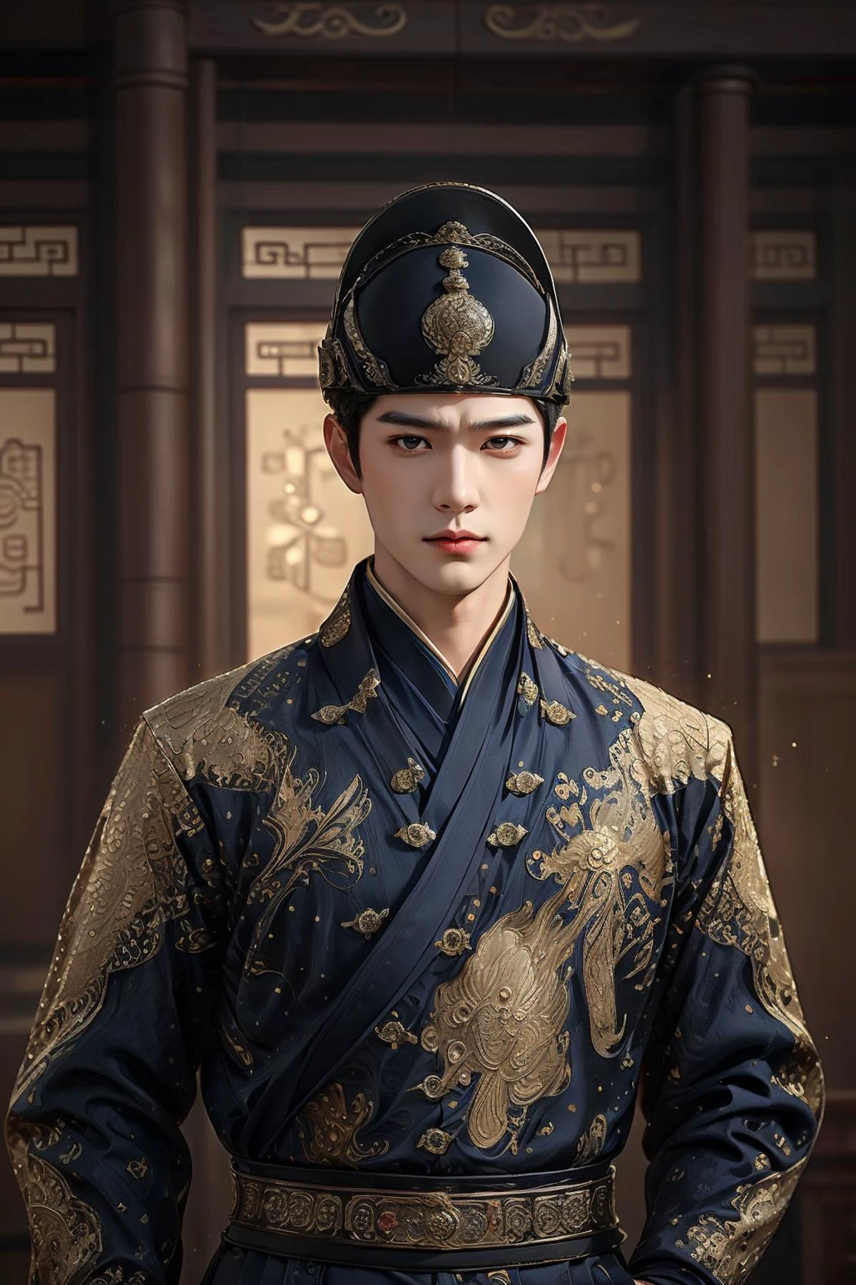 (Jinyiwei),(masterpiece:1.4, best quality),(intricate details),unity 8k wallpaper,ultra detailed,beautiful and aesthetic,photorealistic,perfect lighting,sparkle,1 boy,Masculine,handsome,holding sword,Chinese Imperial Guard of Ming Dynasty,Chinese forbidden city,Chinese Imperial palace,Chinese Ancient helmet of Ming Dynasty,Chinese ancient style,<lora:æ¸
éåJustin_大æé¦è¡£å«_v1.0:0.7>,upper body,<lora:é»éè²è°:0.5>,