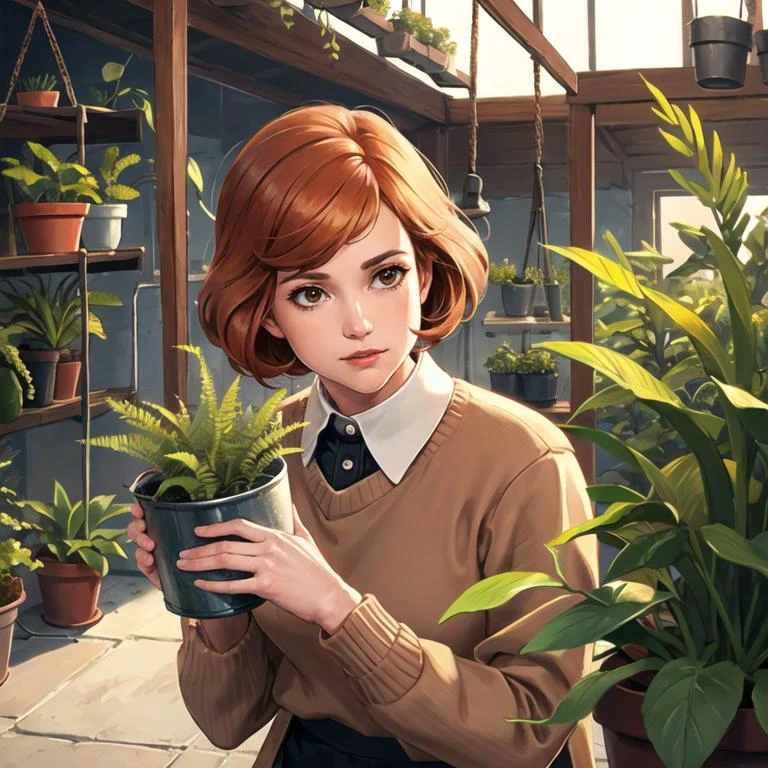 (best quality, ultra detailed), (detailed background:1.2), (perfect face, detailed face), (light rays, mature female:1.4), janecourt, 1girl, orange hair,(solo), brown eyes, medium breasts, (brown sweater), collared shirt, black pants, holding watering can, hanging plant, plant, potted plant, flower pot, venus flytrap, fern, indoors, greenhouse, scenery, sunlight, volumetric lighting, soft lighting, light particles, dramatic, sunset, <lora:JaneCourt_v1:0.75>,