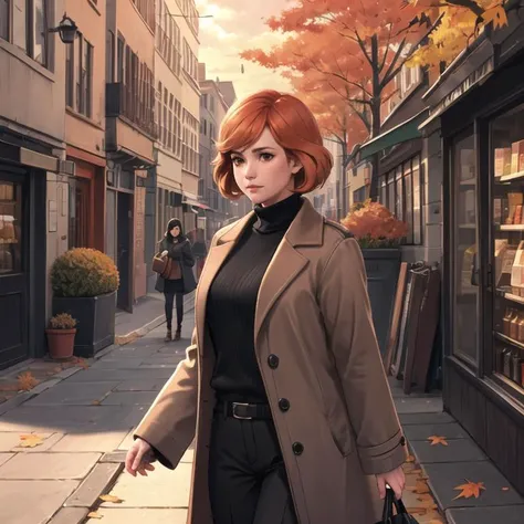 (best quality, ultra detailed), (detailed background:1.2), (perfect face, detailed face), (light rays, mature female:1.4), janecourt, 1girl, orange hair,(solo), brown eyes, medium breasts, (brown overcoat, black turtleneck sweater:1.2), black pants, walking, holding bag, outdoors, city, street, scenery, building, shop, autumn, autumn leaves, volumetric lighting, soft lighting, light particles, dramatic, sunset, <lora:JaneCourt_v1:0.77>, upper body