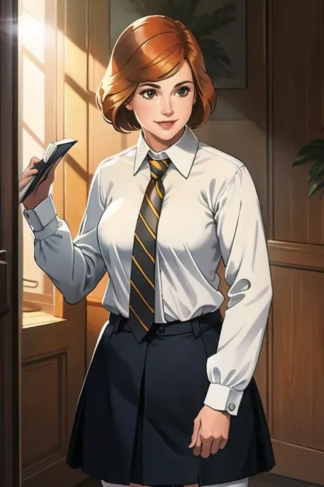 (best quality, ultra detailed), (detailed background:1.2), (perfect face, detailed face), looking down, (mature female:1.4), smile, janecourt, 1girl, solo, brown eyes, blonde hair, (orange hair:1.1), (white shirt, collared shirt:1.1), long sleeves,medium breasts, (yellow necktie:1.1), striped necktie, black pantyhose, (black skirt:1.1), thighs, reading, holding book, hallway, (window, indoors), <lora:JaneCourt_v1:0.75>, <lora:a_beam_of_light_v1.04:0.2>, (light rays, shadow, dark:1.4),
