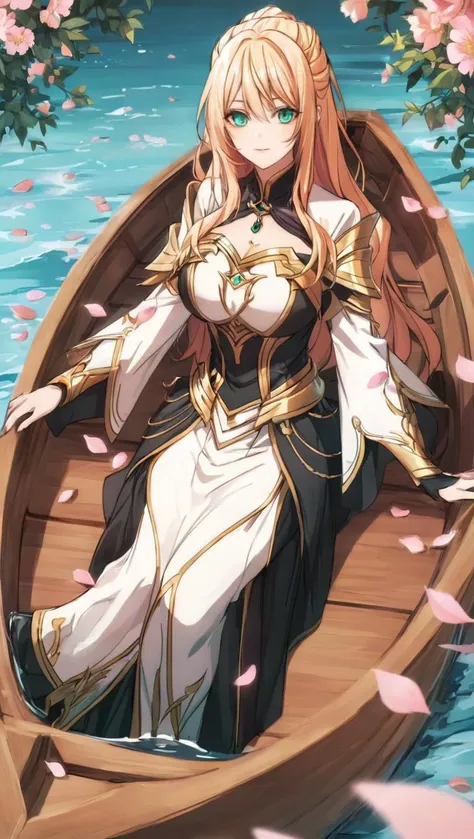 mid shot of Lexia sitting in a boat in a lake full of flower petals, intricate details <lora:isekaidecheatskill_V1_SDXL:1>