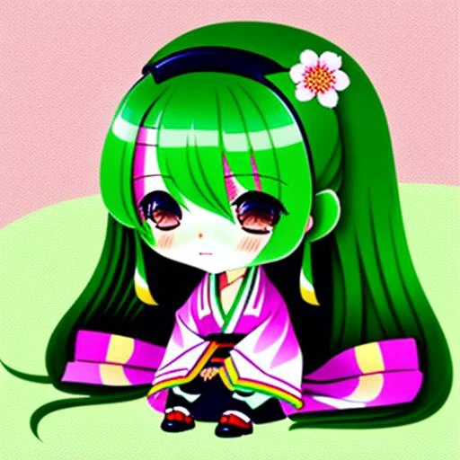 (chibiSJstyle:1.1) cute (japanese woman) with ((long green hair)), (wearing pink kimono), surrounded by flowers