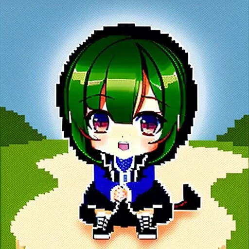chibiSJstyle, a woman with short green hair, pixel art