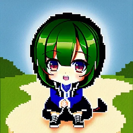 chibiSJstyle, a woman with short green hair, pixel art