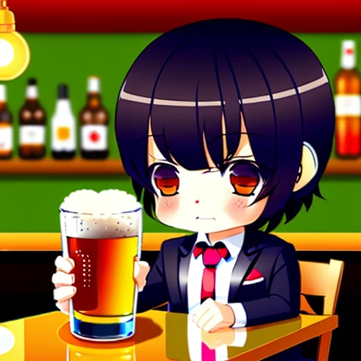 chibiSJstyle, a sad (man:1.0) in a bar drinking a beer, intricate detail