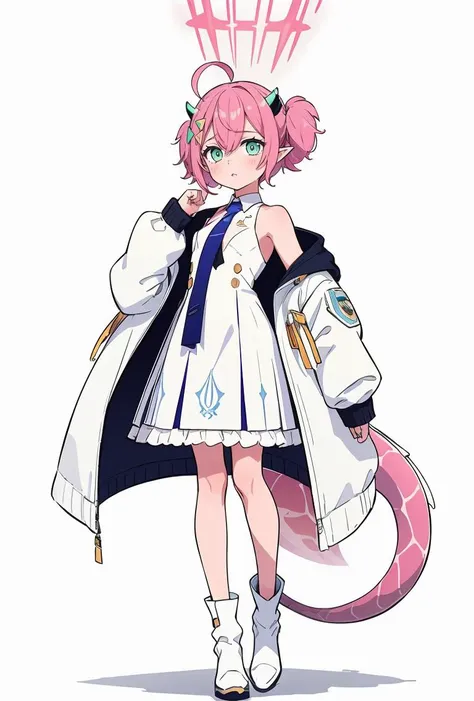 (masterpiece, best quality), 1girl, <lora:momoka_scarxzys:0.8> momoka, green eyes, pink hair, short hair, ahoge, short twintails, pointy ears, horns, hair ornament, dragon tail, long tail, halo, white dress, collared dress, sleeveless dresss, frilled dress, frills, blue necktie, white jacket, open jacket, open clothes, off shoulder, puffy long sleeves, white footwear, boots