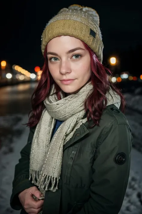 medium shot realistic photo of jessie, wearing a parka, wearing a scarf, wearing a beanie, covered up, highly detailed, 8k, photorealistic, flash lighting, candid,  <lora:JessieNSFW:0.85>