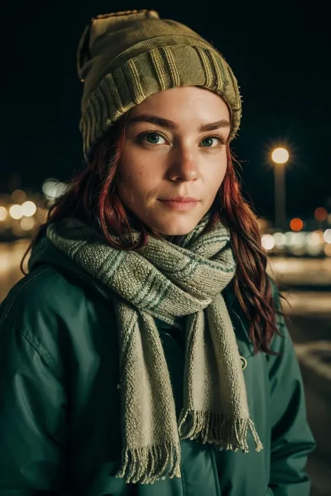 medium shot realistic photo of jessie, wearing a parka, wearing a scarf, wearing a beanie, covered up, highly detailed, 8k, photorealistic, flash lighting, candid,  <lora:JessieNSFW:0.85>