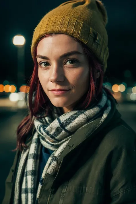medium shot realistic photo of jessie, wearing a parka, wearing a scarf, wearing a beanie, covered up, highly detailed, 8k, photorealistic, flash lighting, candid, <lora:JessieNSFW:1>