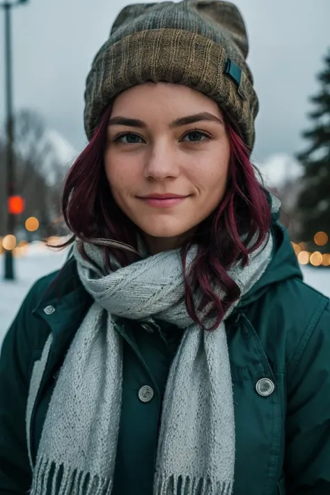 medium shot realistic photo of jessie, wearing a parka, wearing a scarf, wearing a beanie, covered up, highly detailed, 8k, photorealistic, flash lighting, candid,  <lora:JessieNSFW:0.8>