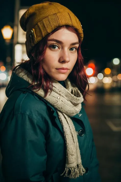 medium shot realistic photo of jessie, wearing a parka, wearing a scarf, wearing a beanie, covered up, highly detailed, 8k, photorealistic, flash lighting, candid,  <lora:JessieNSFW:0.85>