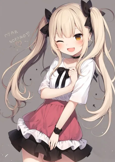 1girl, solo, one eye closed, twintails, open mouth, long hair, ;d, smile, brown eyes, blonde hair, skirt, looking at viewer, hair ribbon, hair ornament, ribbon, bow, choker, heart, blush
<lora:amaki_natsuki-loha-v1.0:0.7>, (masterpiece,best quality)