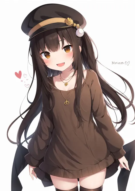 1girl, solo, thighhighs, hat, long hair, brown hair, black thighhighs, open mouth, smile, brown eyes, sweater, :d, blush, necklace, jewelry, looking at viewer, dress, white background, simple background, zettai ryouiki
<lora:amaki_natsuki-loha-v1.0:0.7>, (masterpiece,best quality)