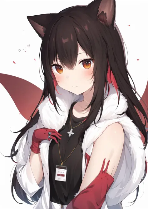 1girl, texas (arknights), solo, shoulder strap, gloves, official alternate costume, black hair, animal ears, long hair, jacket, looking at viewer, wolf ears, white background, shirt, red gloves, red hair, upper body, long sleeves, simple background, open clothes, multicolored hair, white jacket, hair between eyes, black shirt, closed mouth, open jacket, id card, brown eyes, fur trim, bangs, hand up, necklace, jewelry, colored inner hair, animal ear fluff, wide sleeves, two-tone hair
<lora:amaki_natsuki-loha-v1.0:0.7>, (masterpiece,best quality)