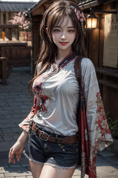 (masterpiece:1.2), (photorealistic:1.2), (best quality),((realistic:1.3)), (detailed skin:1.3), (intricate details), dramatic, ray tracing,finely detailed, quality,realistic lighting,huge breasts,1girl,shizukodef,cowboy shot,smile,looking at viewer,(outdoors,dynamic pose) <lora:epi_noiseoffset2:0.8>   <lora:more_details:0.8>  <lora:shizuko1:1>