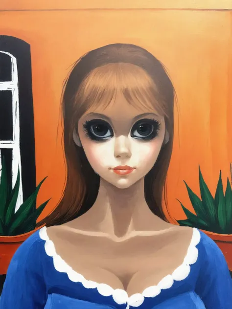 <lyco:big eyes_v1.0b_fro0.9:1>( big eyes:1.2), mature woman, heavy makeup, sunny day, posing on a terrace, painting
