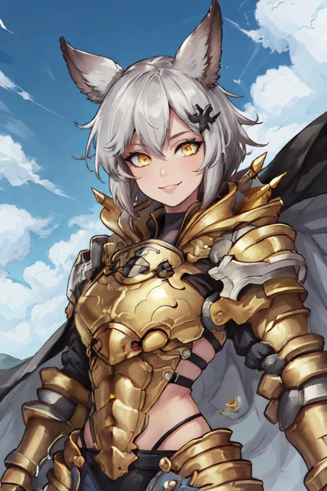((masterpiece)), (best quality), absurdres, <lora:HAlliahv2-000008:0.6>, HAlliah, yellow eyes, (hair ornament), AlliahARM, looking at viewer, blue sky, clouds, cape, clenched hand, smile, detailed eyes,