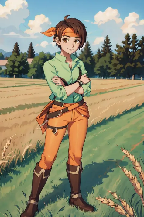 1girl,tanyafe,standing,headband,green shirt,orange pants,boots,facing viewer,in wheat field,crossed arms,smiling,straight on, <lora:TanyaFE:0.7>