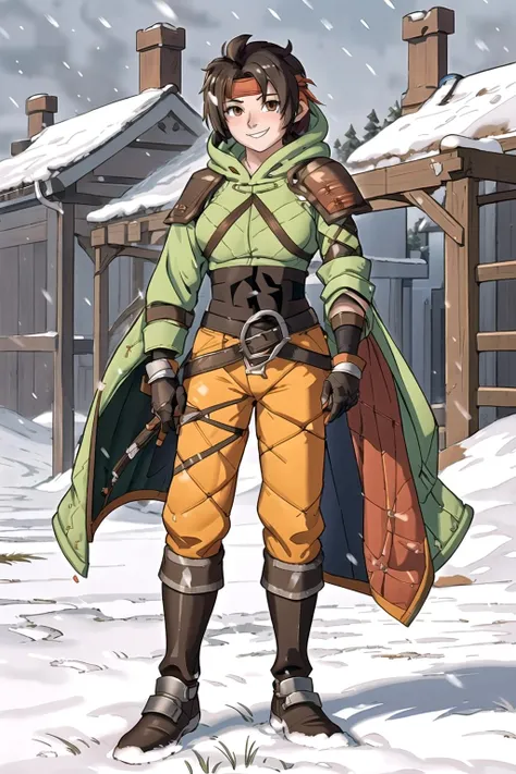 1girl,tanyafe,standing,headband,hooded cloak,(gambeson,quilted pants,,long sleeves,wearing padded cloth armor:1.2),boots,facing viewer,in snowy field,gloves,arms at side,smiling,straight on, <lora:TanyaFE:0.8>