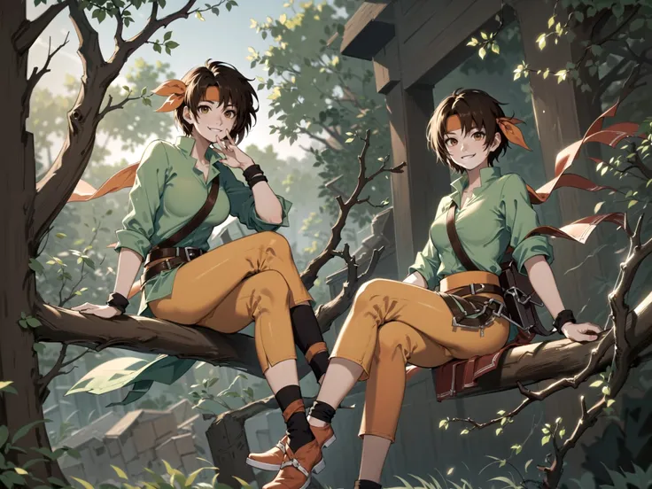 (masterpiece, best quality, high resolution,dynamic lighting:1.2),<lora:TanyaFE:0.6>, TanyaFE sitting on branch, smiling, ,Green shirt,orange pants,headband, cute, (forest:1.1), sitting on branch, smiling,