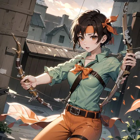 (masterpiece, best quality, high resolution,dynamic lighting:1.2),<lora:TanyaFE:0.6>, TanyaFE (shooting detailed bow,arrow, drawing bow,bow,holding bow:1.3),Green shirt,orange pants,headband, cute, holding bow, simple background,