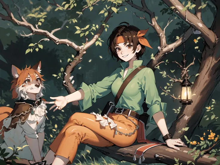 (masterpiece, best quality, high resolution,dynamic lighting:1.2),<lora:TanyaFE:0.6>, TanyaFE sitting on branch, smiling, ,Green shirt,orange pants,headband, cute, (forest:1.1), sitting on branch, smiling,