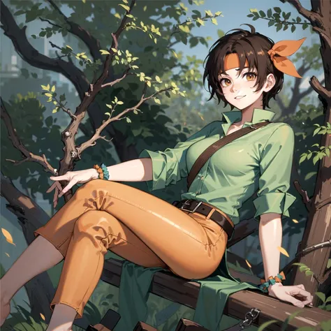 (masterpiece, best quality, high resolution,dynamic lighting:1.2),<lora:TanyaFE:0.6>, TanyaFE sitting on branch, smiling, ,Green shirt,orange pants,headband, cute, (forest:1.1), sitting on branch, smiling,