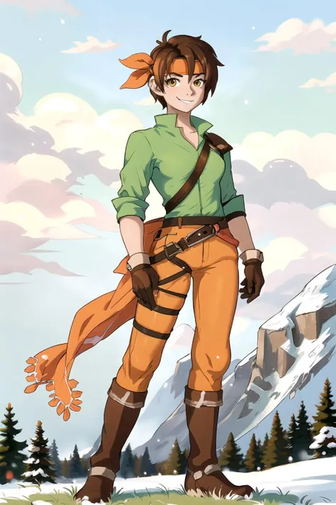 1girl,tanyafe,standing,headband,green shirt,orange pants,(wearing padded cloth armor),boots,facing viewer,in snowy field,gloves,arms at side,smiling,straight on, <lora:TanyaFE:0.8>