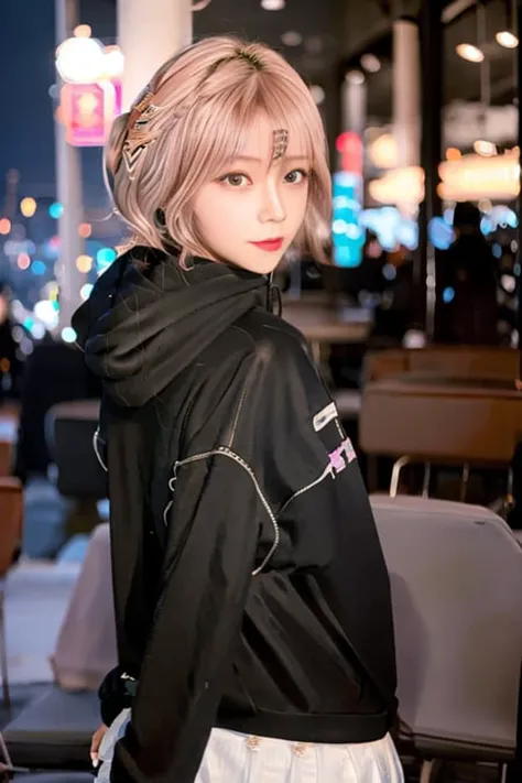 1girl, (ulzzang-6500:0.725), kpop idol, best quality, (photorealistic:1.2), (hair ornament:1.35), depth of field, detailed face, (looking at viewer:1.25), shiny skin, smile, game cg, east asian architecture, blurry background, (full body:1.2),1girl, higuchi madoka, idolmaster shiny colors, brown hair, short hair, hairpin, black hoodie, skirt, (bokeh), <lora:characterMadoka_v10:0.6>, <lora:koreanDollLikeness_v10:1>